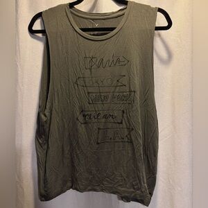 American Eagle Muscle Tank Top Soft and Sexy Paris LA Tokyo NY Milan Army Green